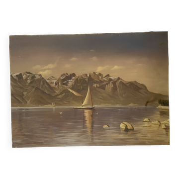 Oil Painting Canvas Landscape Mountain Lake Switzerland Signed Veillon