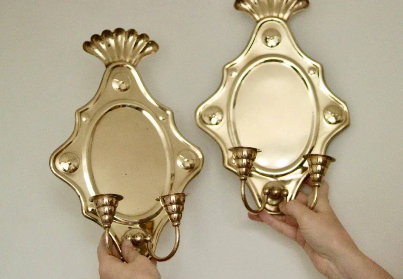 Large Swedish brass wall sconces in mid-century baroque style.