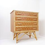 Vintage Bamboo Rattan Wicker Cane Chest Of 4 Drawers