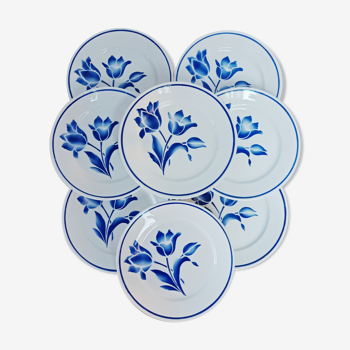 Lot de 8 assiettes plates Badonviller, Brétigny, fleurs bleues