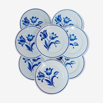 Set of 8 flat plates Badonviller, Brétigny, blue flowers