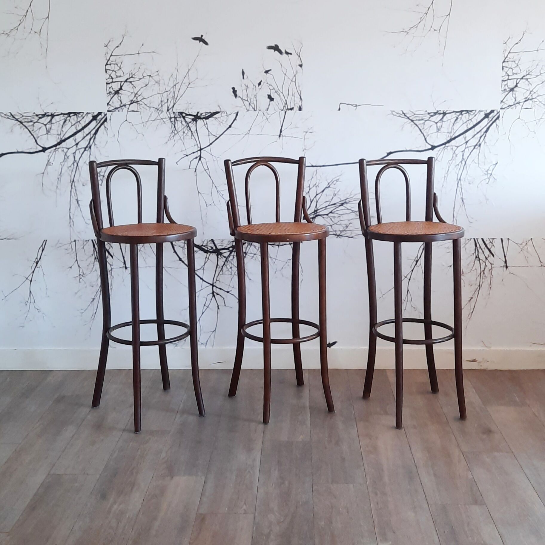 Set of 3 bentwood bar stools with rattan seats, 1970s