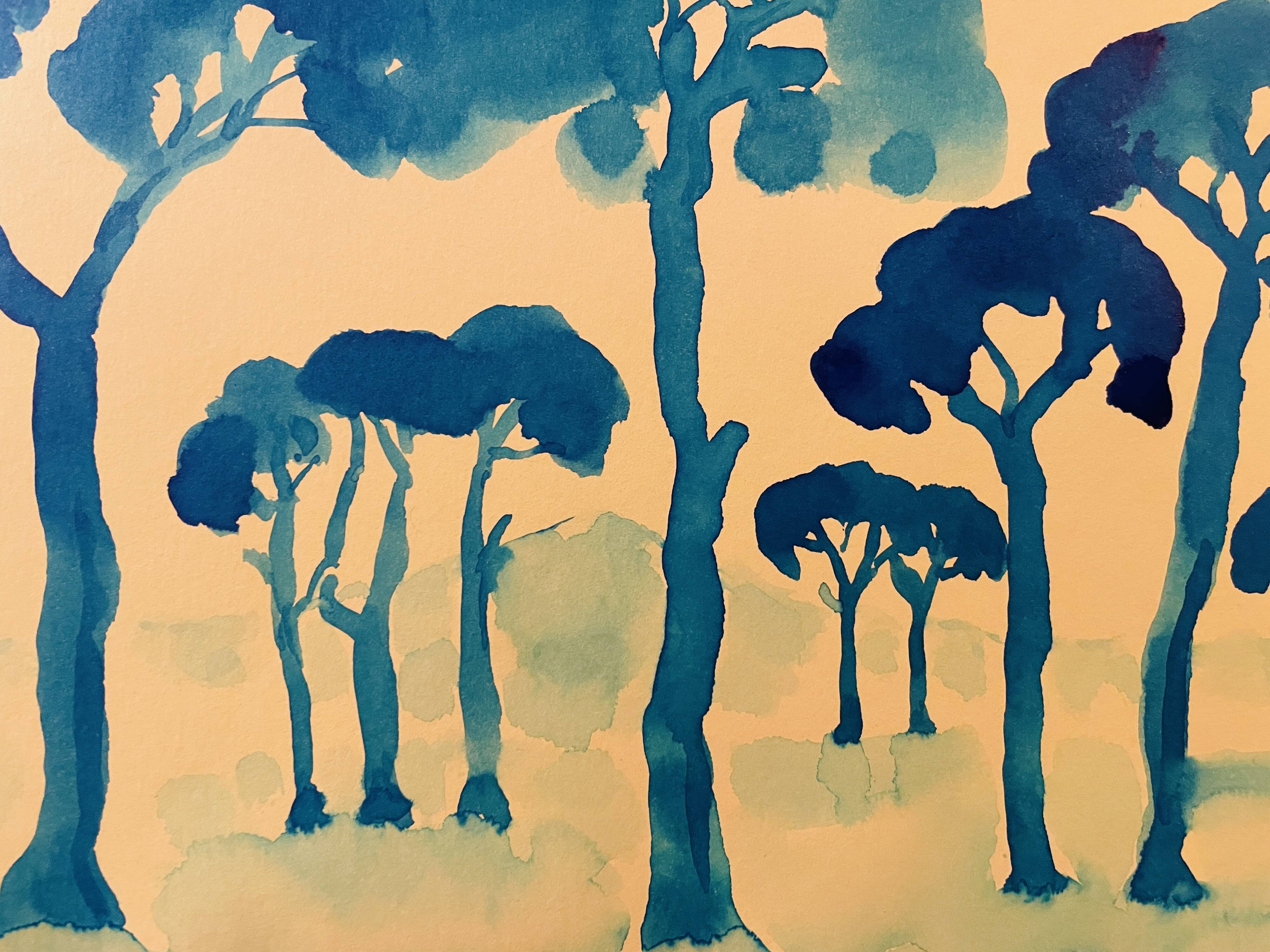 Tableau signé aquarelle coucher de soleil sur le Mont Ventoux Provence
