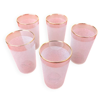 Années 1960  5 verres à orangeade "Grappe d' or"  Verre blanc granité