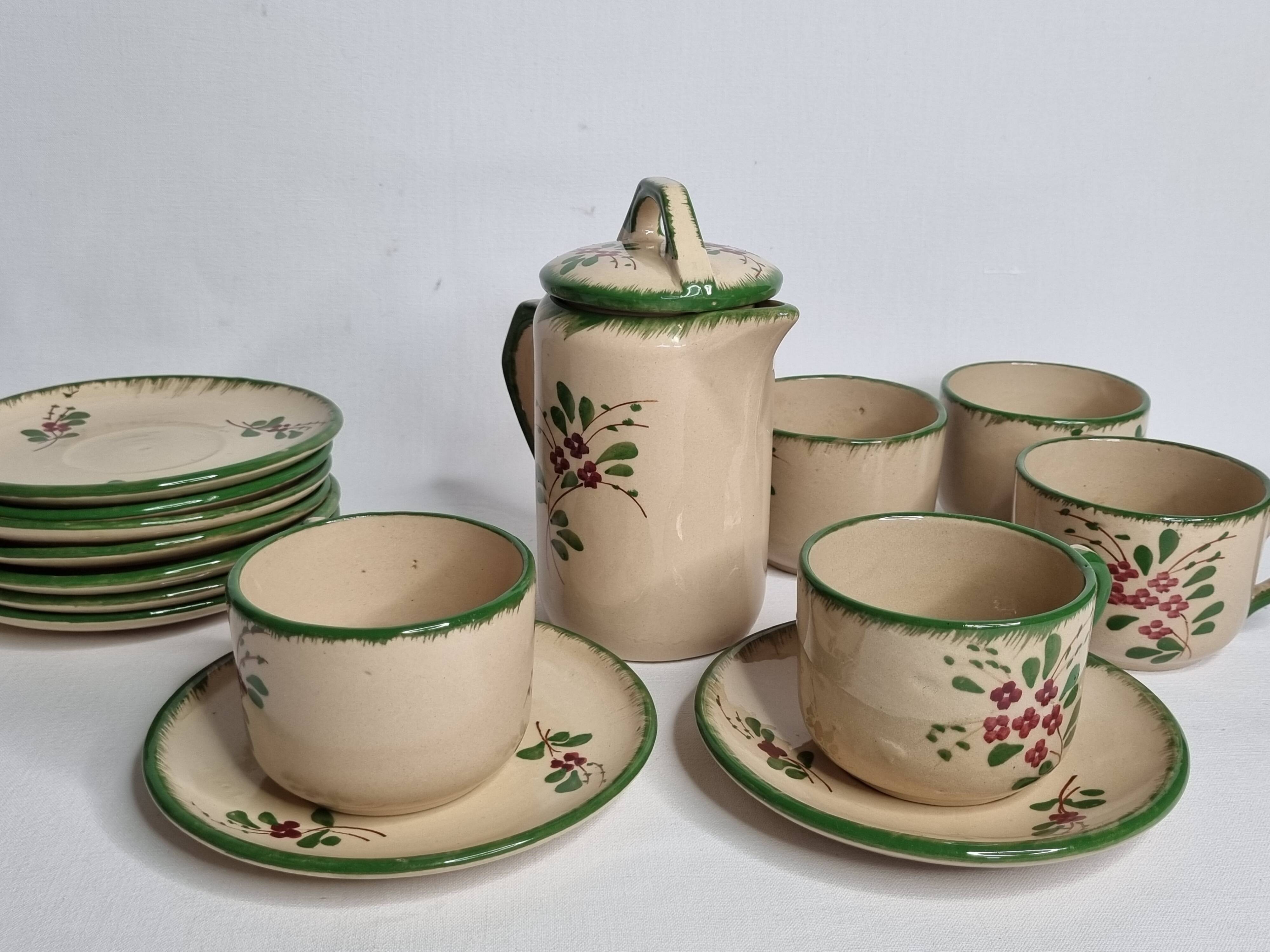 Enamelled earthenware coffee service, Jemappes, Belgium, 9 cups