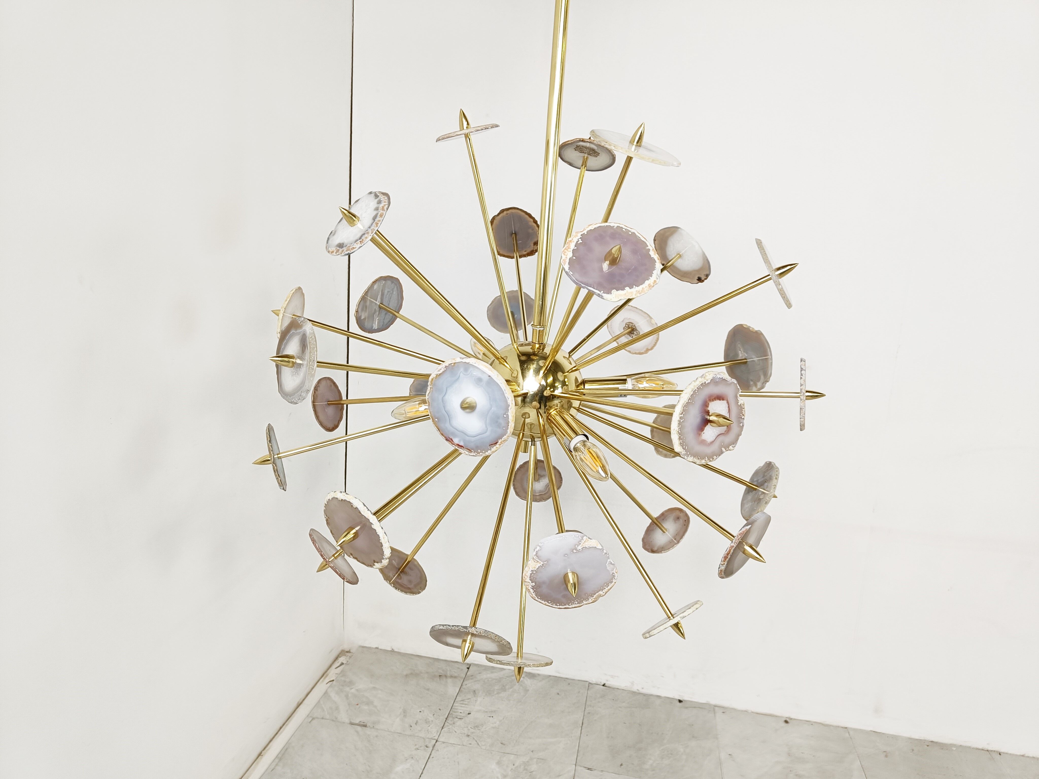 Brass and agate stone sputnik chandelier 1980s