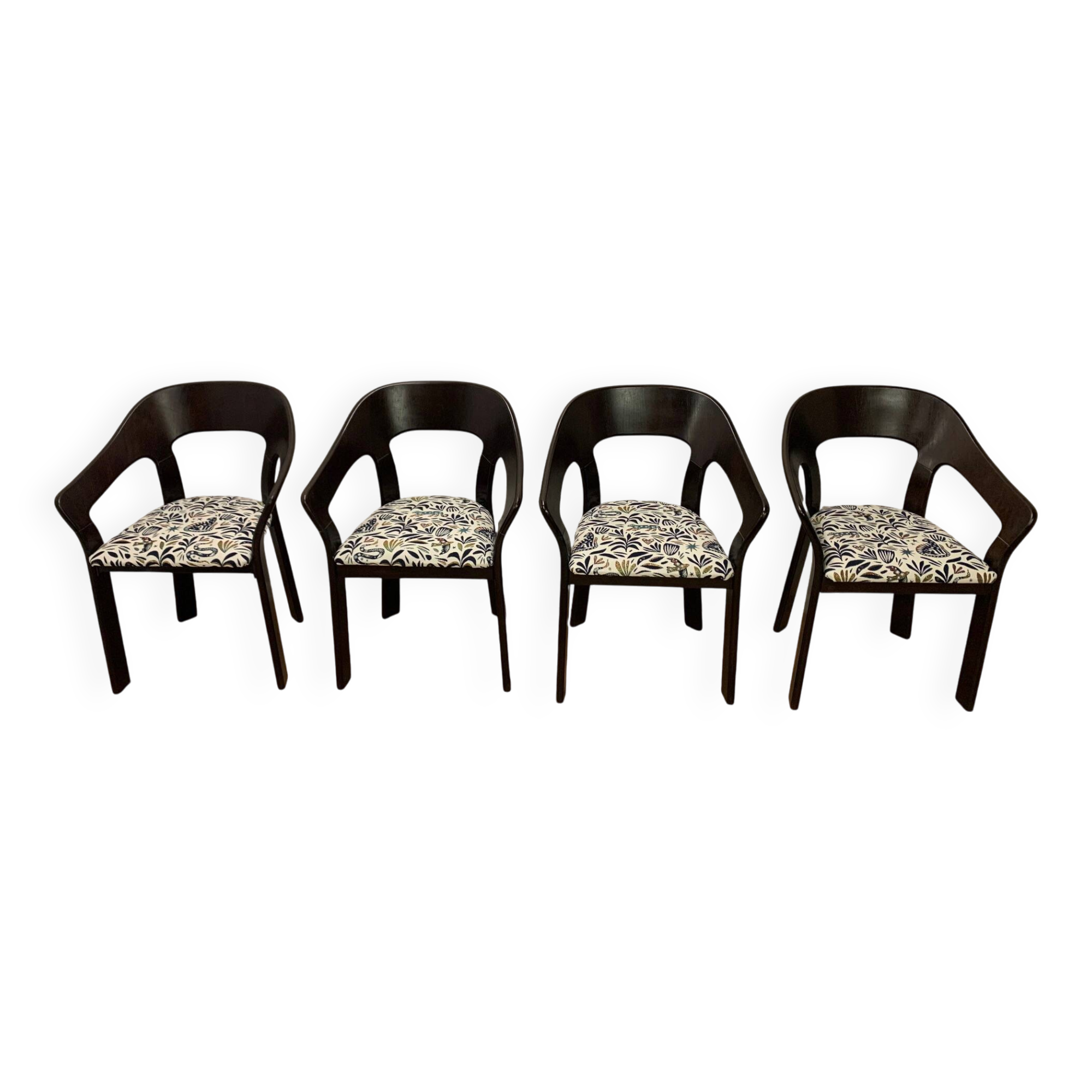 Set of 4 vintage wooden and fabric chairs, 1970