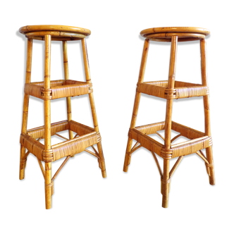 Pair of vintage wicker top stools