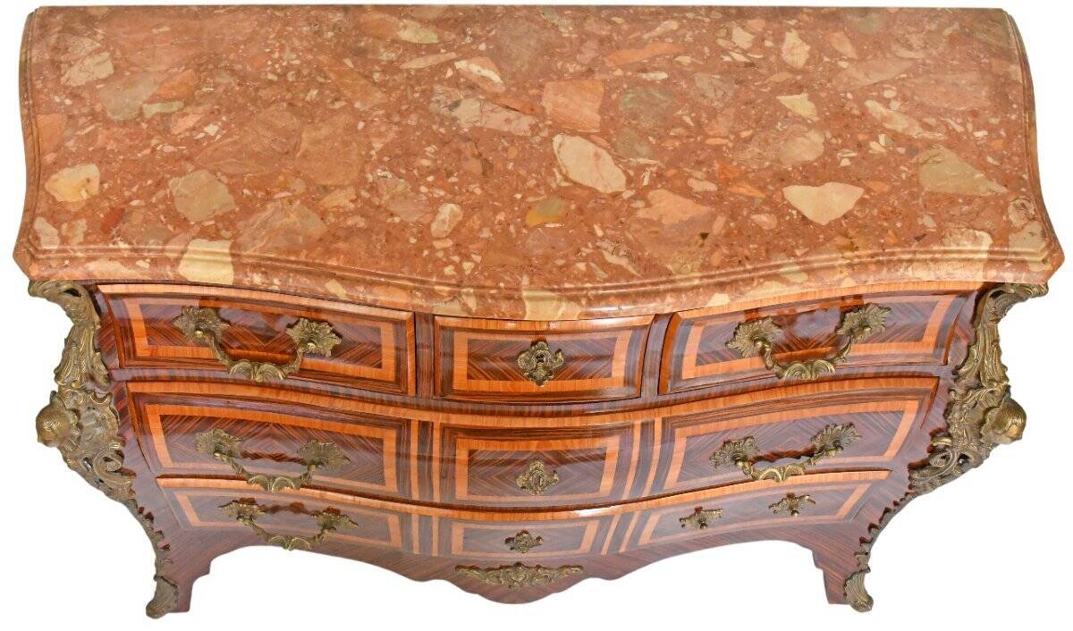 Tomb-shaped commode in Louis XV style with decoration featuring Spanish figures.