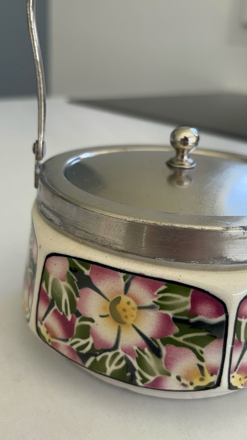 Bonbonnière art déco céramique décor floral – sucrier avec anse métal