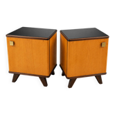 Set of vintage 1950s bedside tables | Wood and black glass tops | Mid-Centu