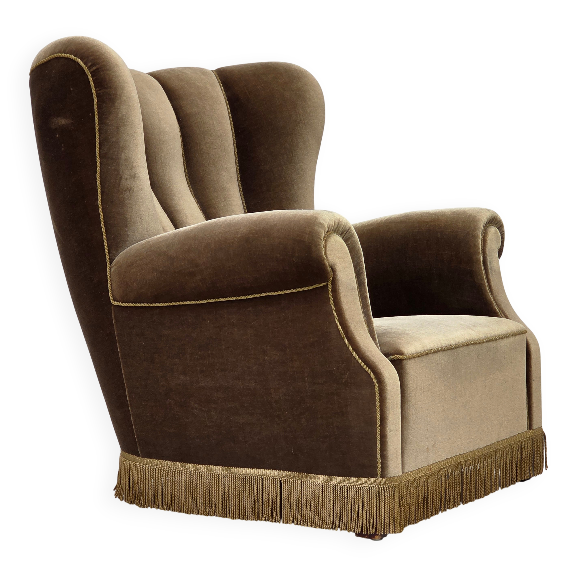 1960s, Danish relax armchair, dark green furniture velour, ash wood.