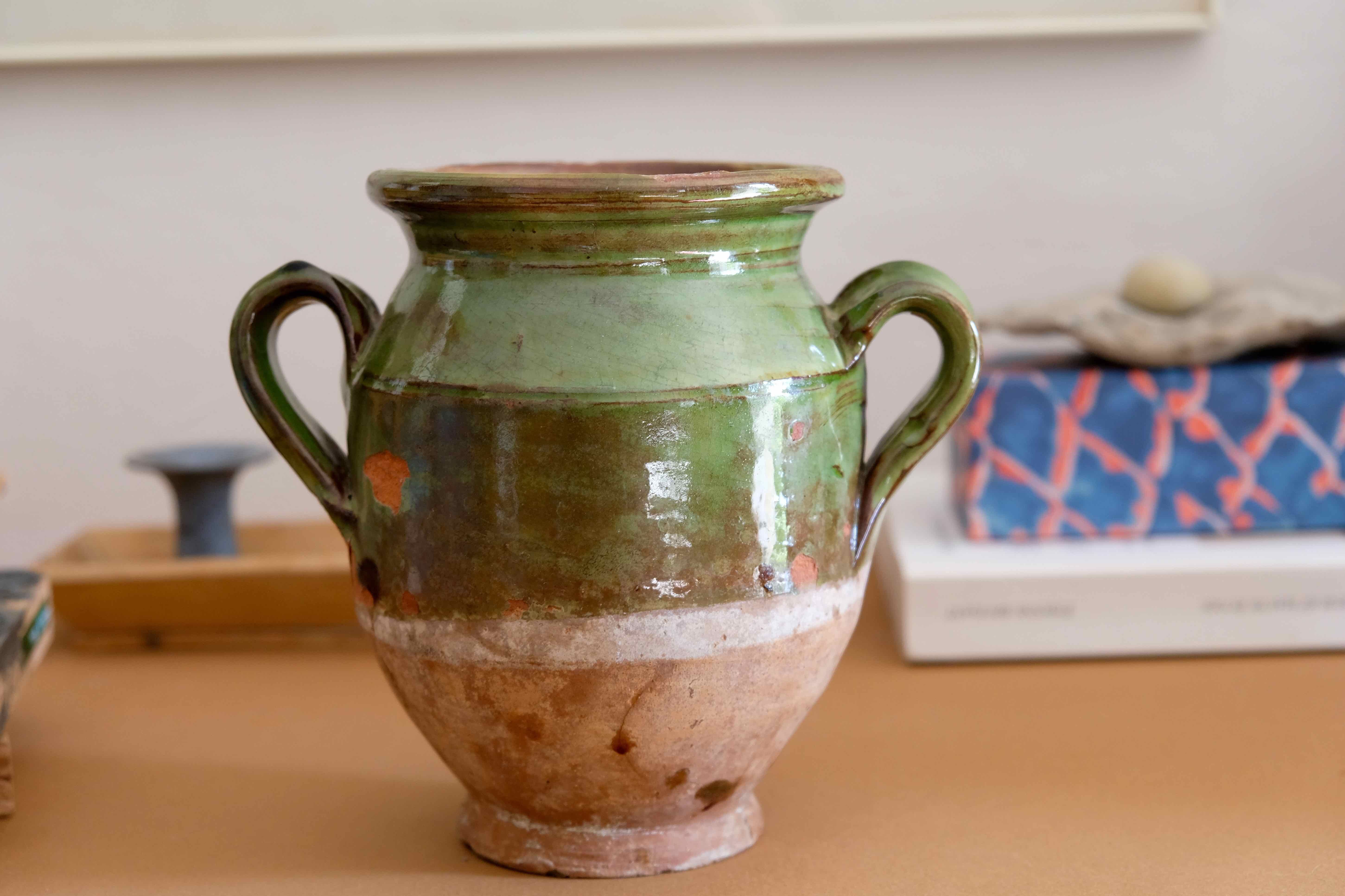 Terra cotta glazed Provencal old enameled antique olive jar
