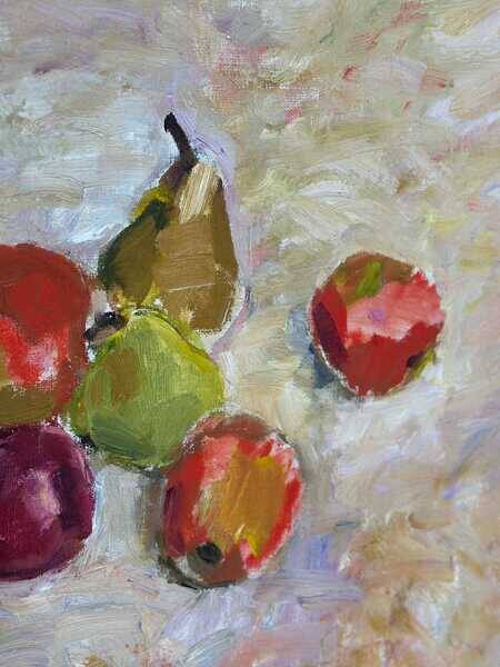 Original Swedish oil on canvas – “Frukt” by Bente Bjerregaard – dated 1989 – vintage & framed 59 × 70 cm