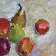 Original Swedish oil on canvas – “Frukt” by Bente Bjerregaard – dated 1989 – vintage & framed 59 × 70 cm