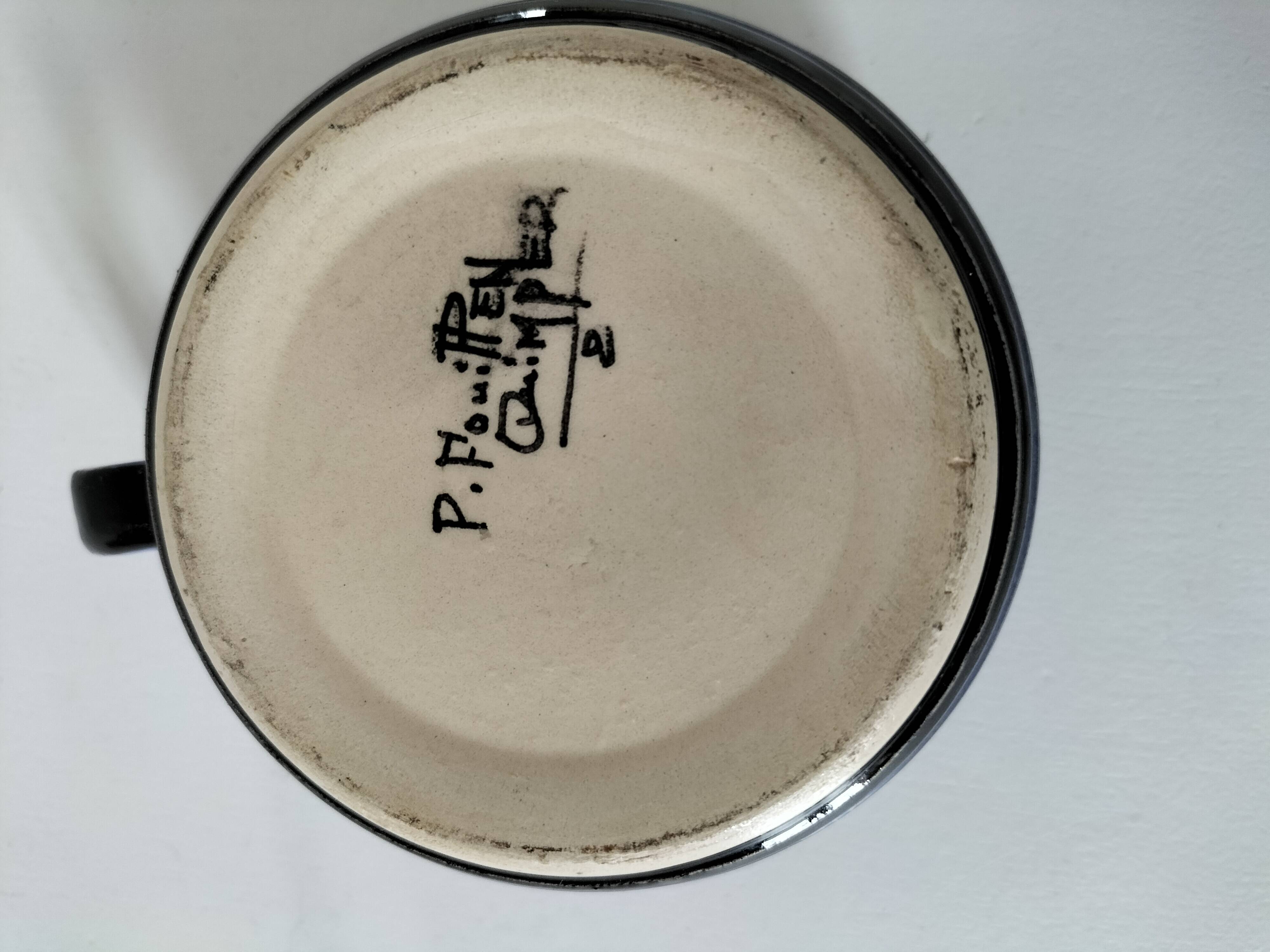 Quimper cup Paul Fouillen stylised decoration blue ochre circa 1940