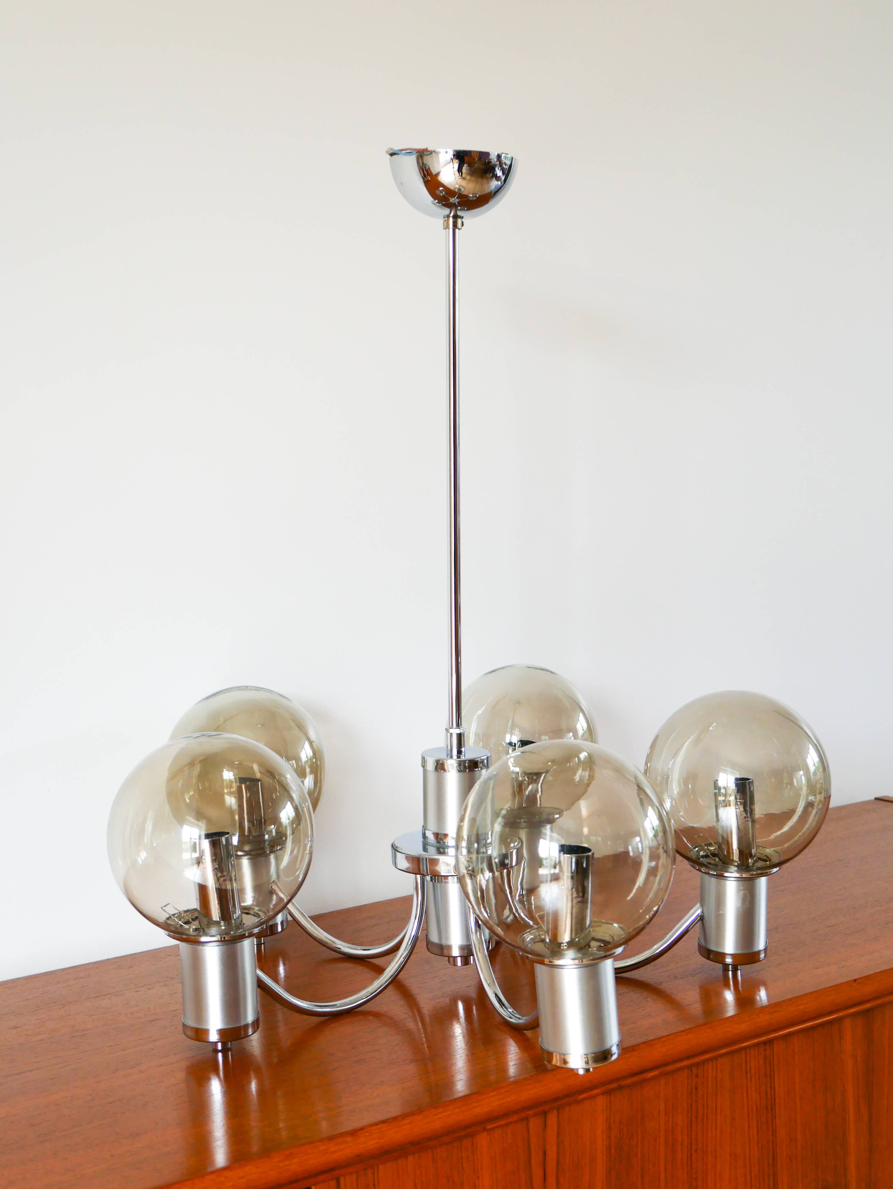 Five-branched chandelier, in chrome and smoked glass globes, Design, 1970