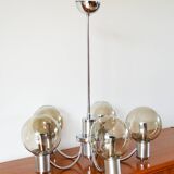 Five-branched chandelier, in chrome and smoked glass globes, Design, 1970