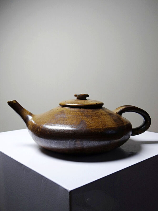 Théière japonisante vintage années 70-90 grès brun artisanale signée Pichon
