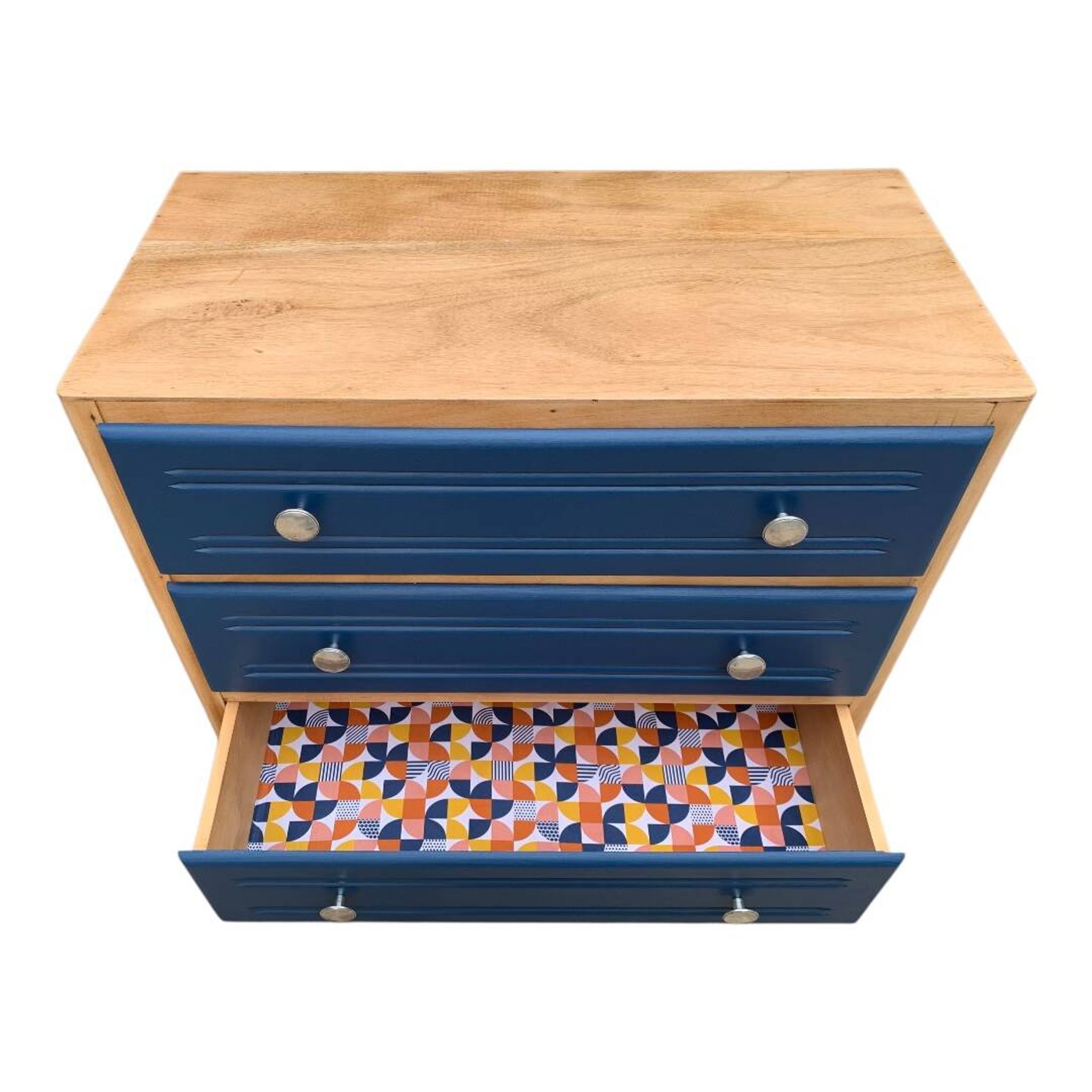 Art Deco chest of drawers in raw wood and blue, 1940
