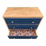 Art Deco chest of drawers in raw wood and blue, 1940