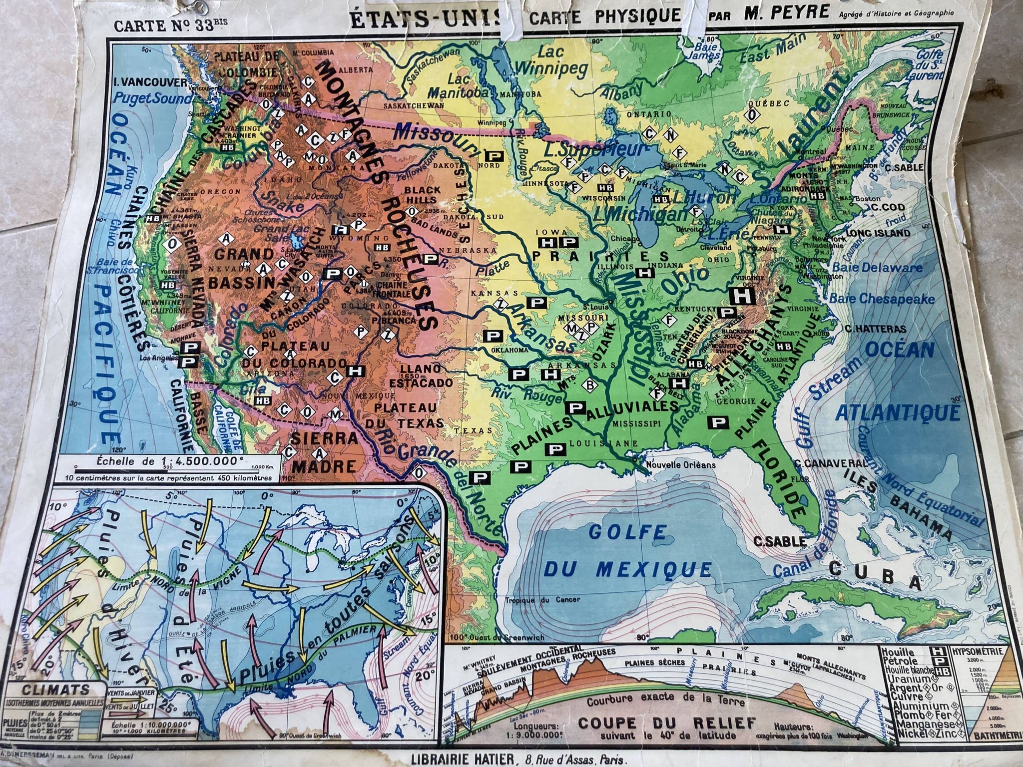 Old school map United States physical and political