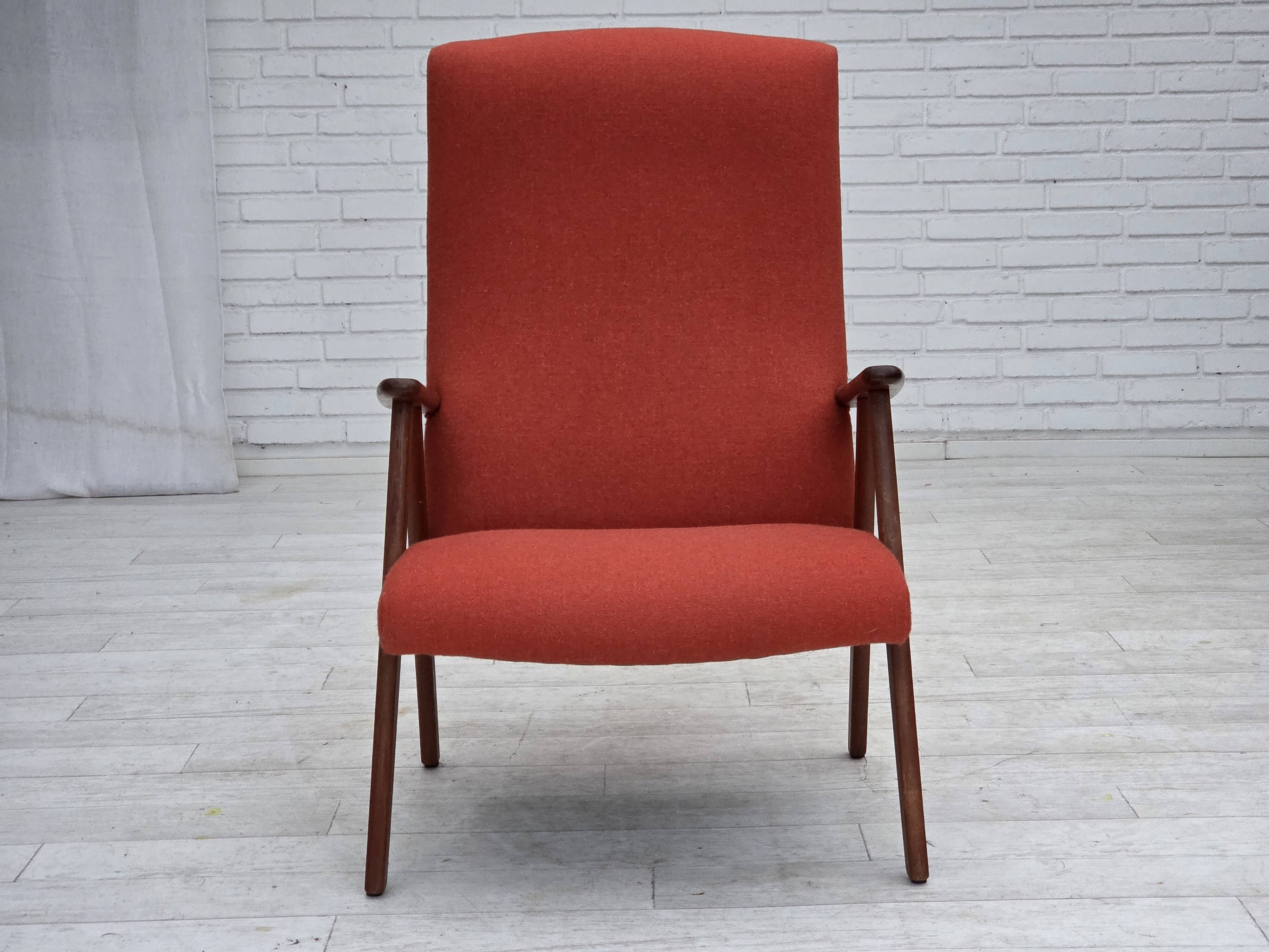 1970s, Danish highback armchair, furniture wool, teak wood, oak wood.