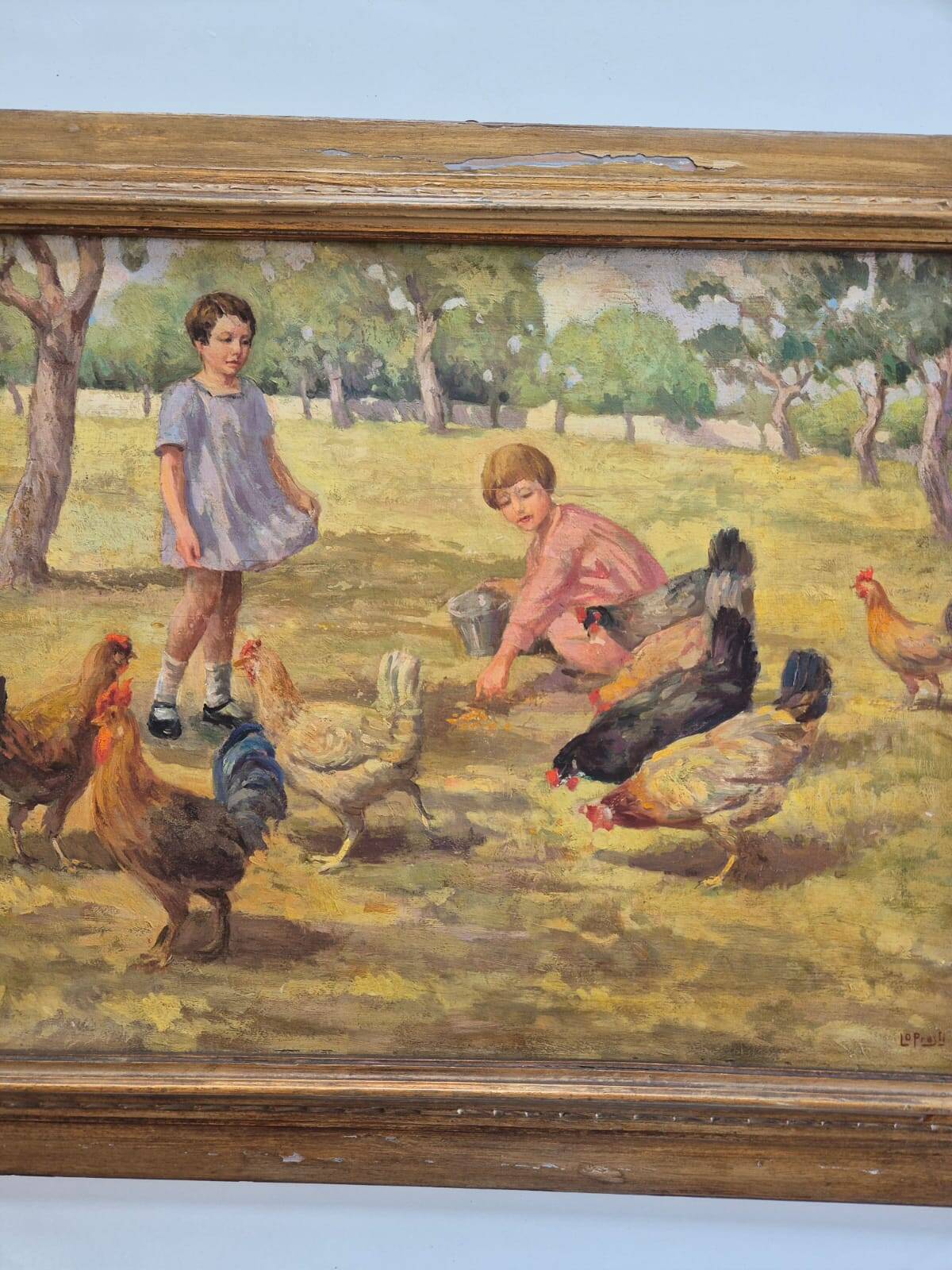 Oil Painting on Canvas "Children at the Farm" Signed Lo Presti - Gilded Frame