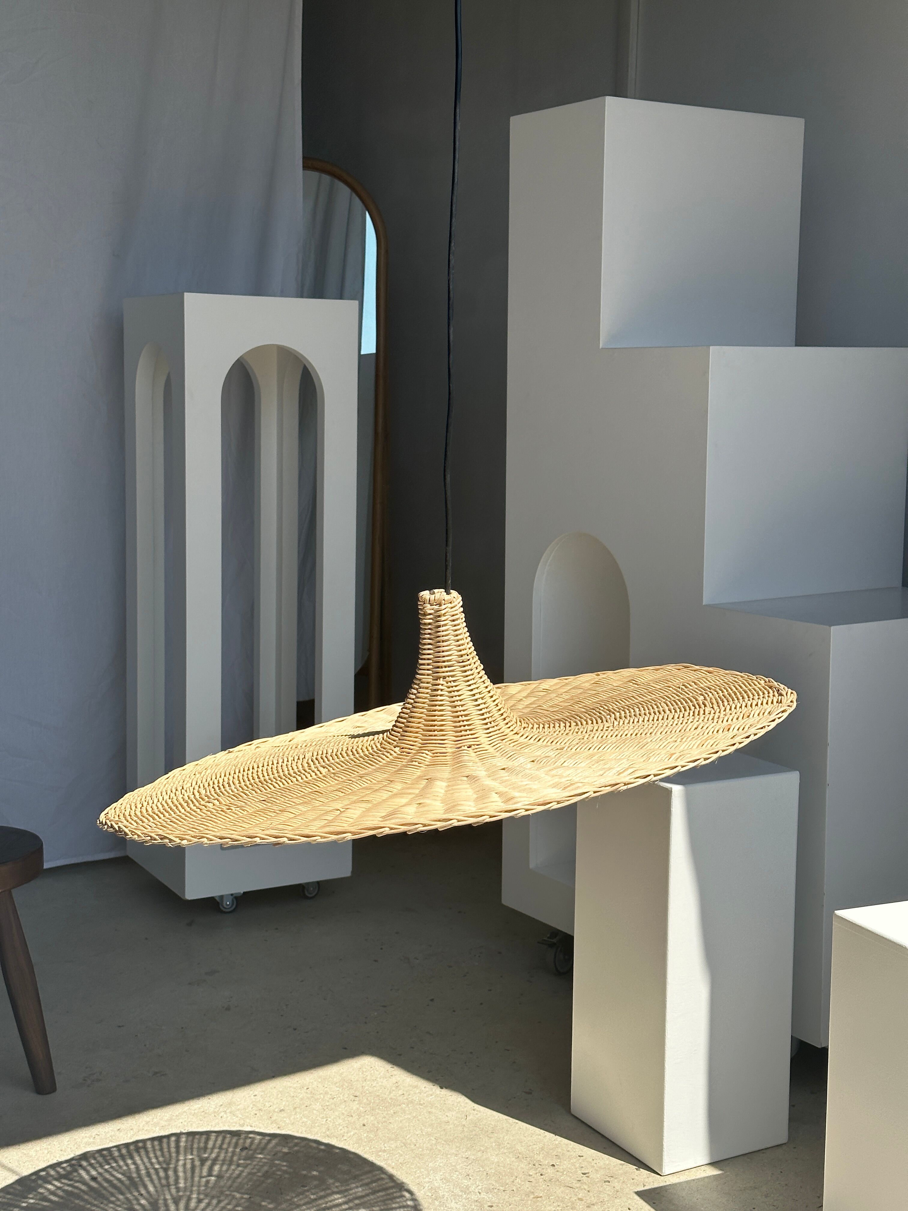 Large suspension, rattan luminaire in hat shape D:80cm