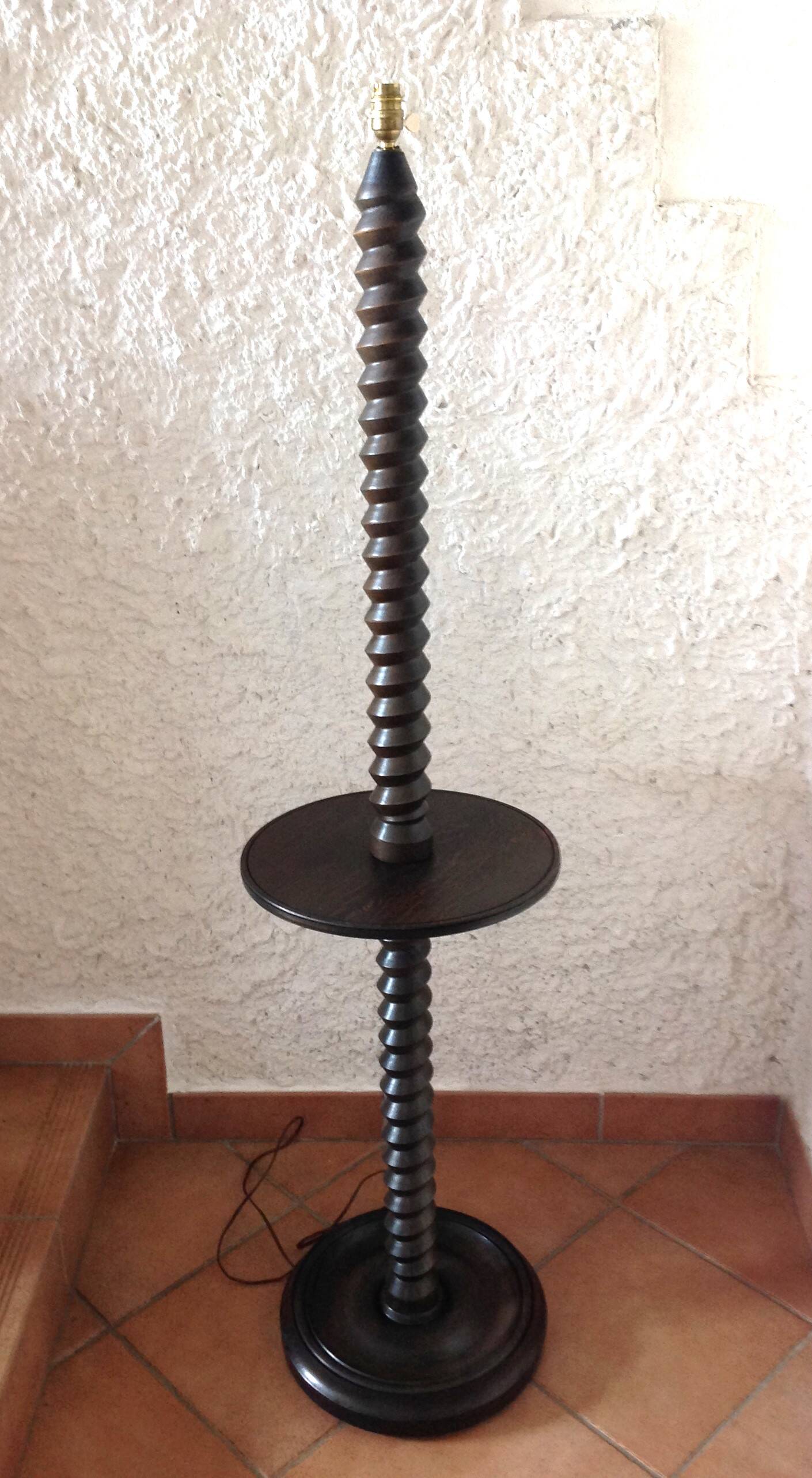 Wooden floor lamp turned in the spirit of Charles Dudouyt / art deco style