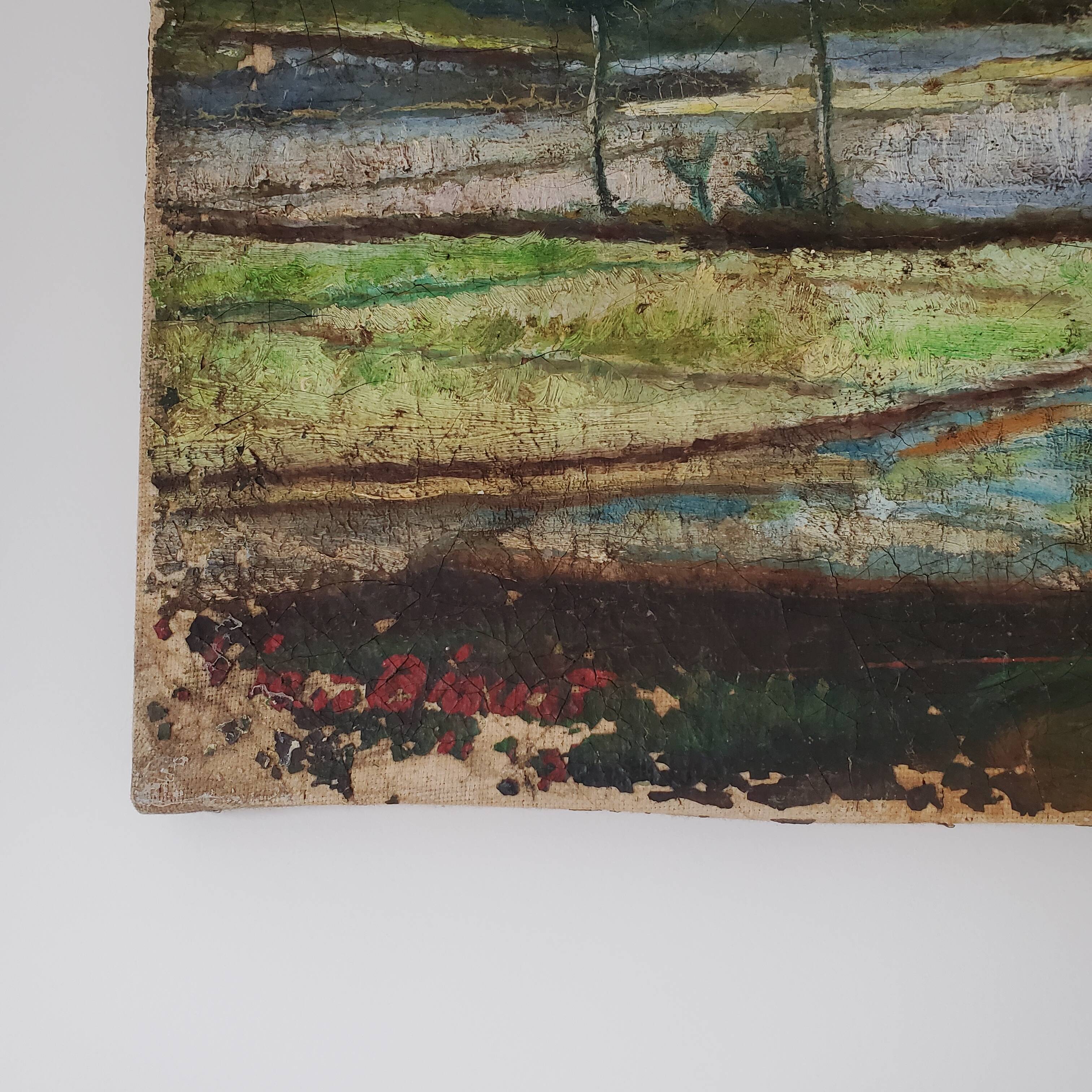 Tableau ancien peinture paysage de rizières et montage