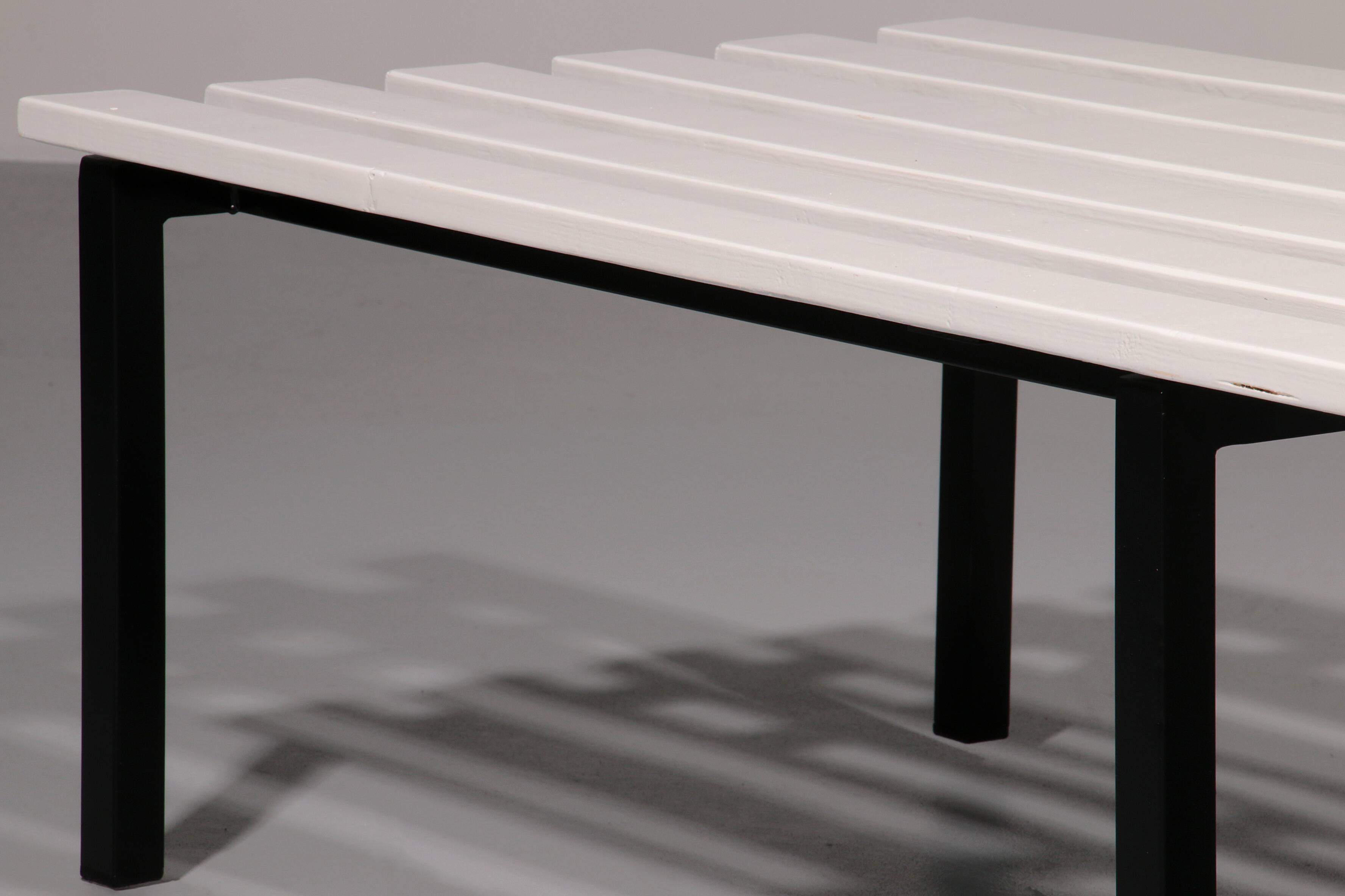 Vintage White Wooden Bench with Black Metal Frame