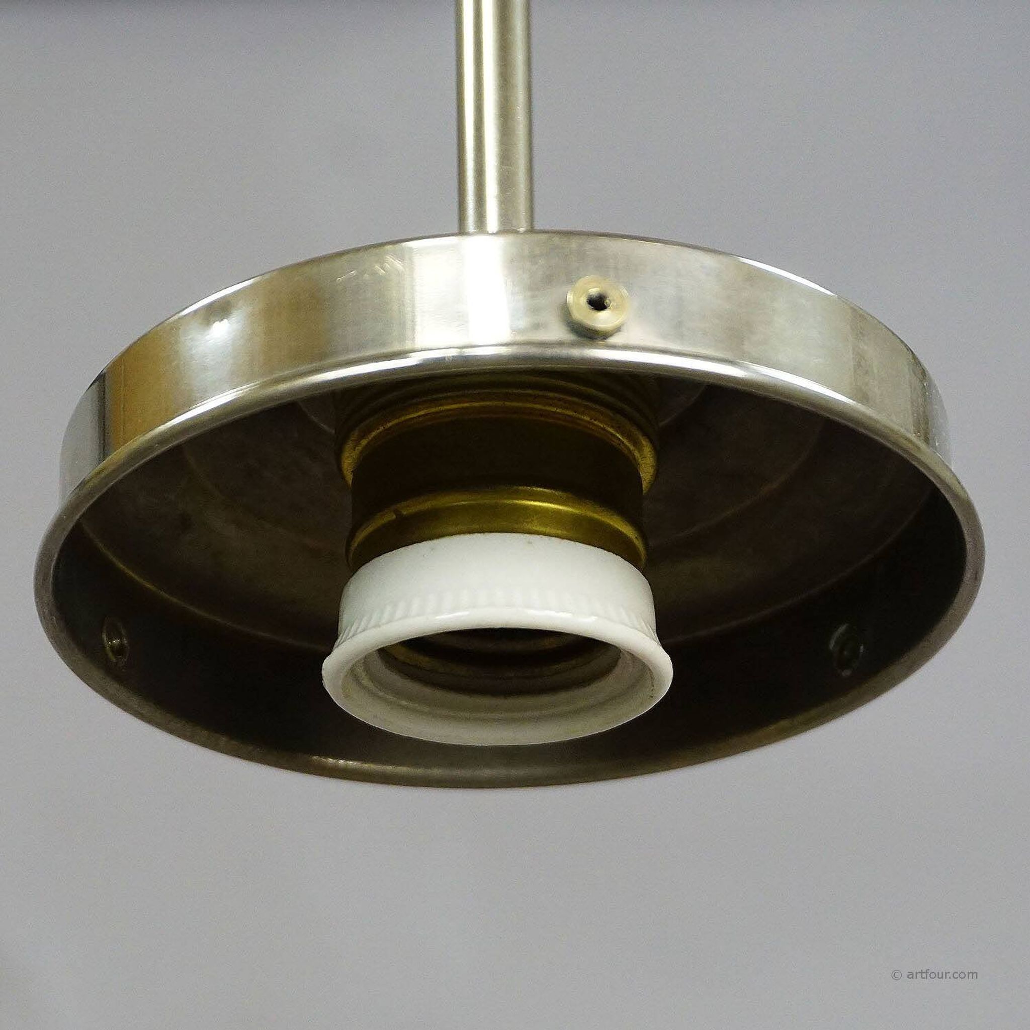 Functional Bauhaus-style pendant light with opaline glass shade.