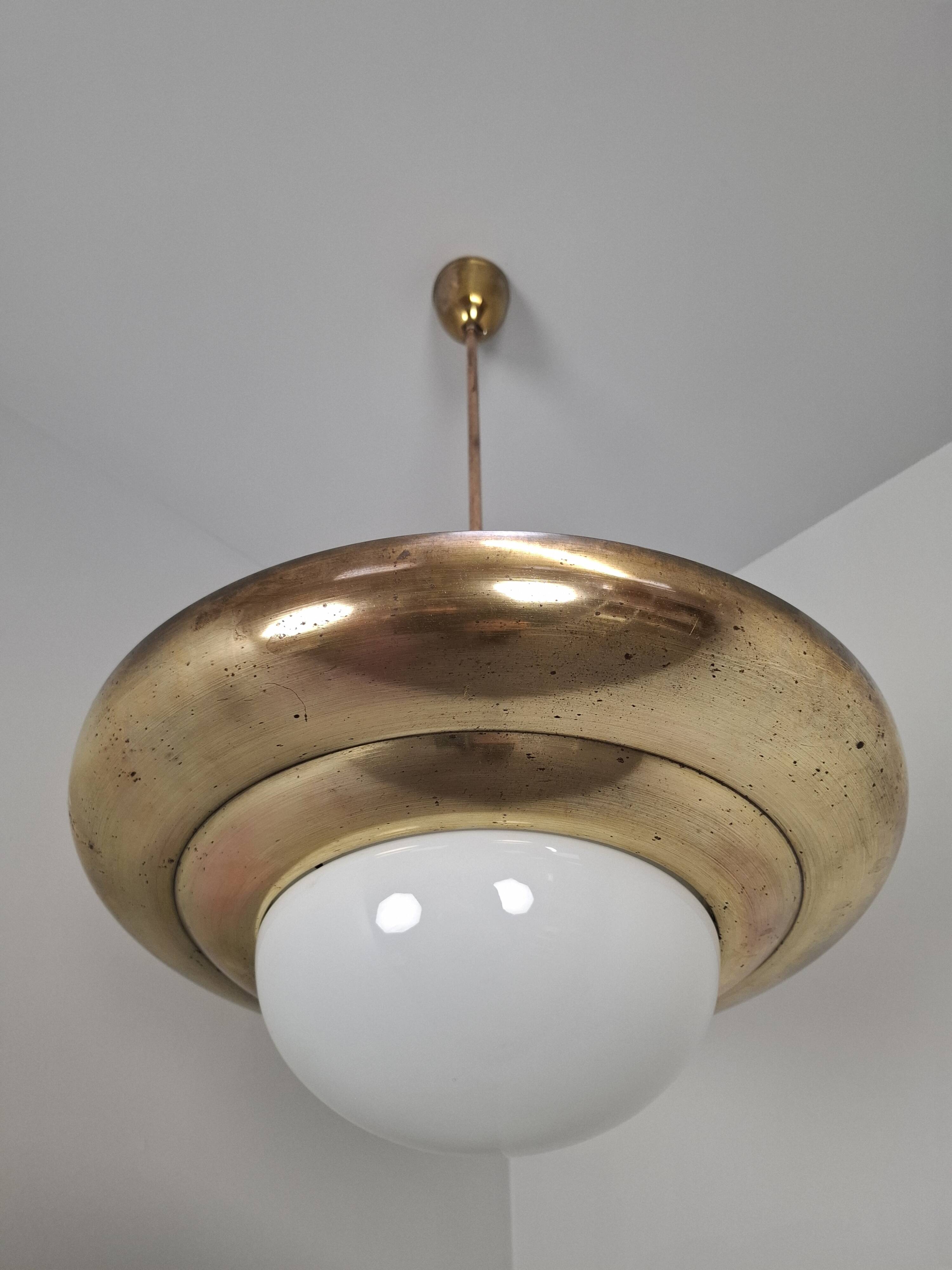 1920 Czechoslovak Art Deco Brass and Opaline Glass Pendant Lamp, Napako 134