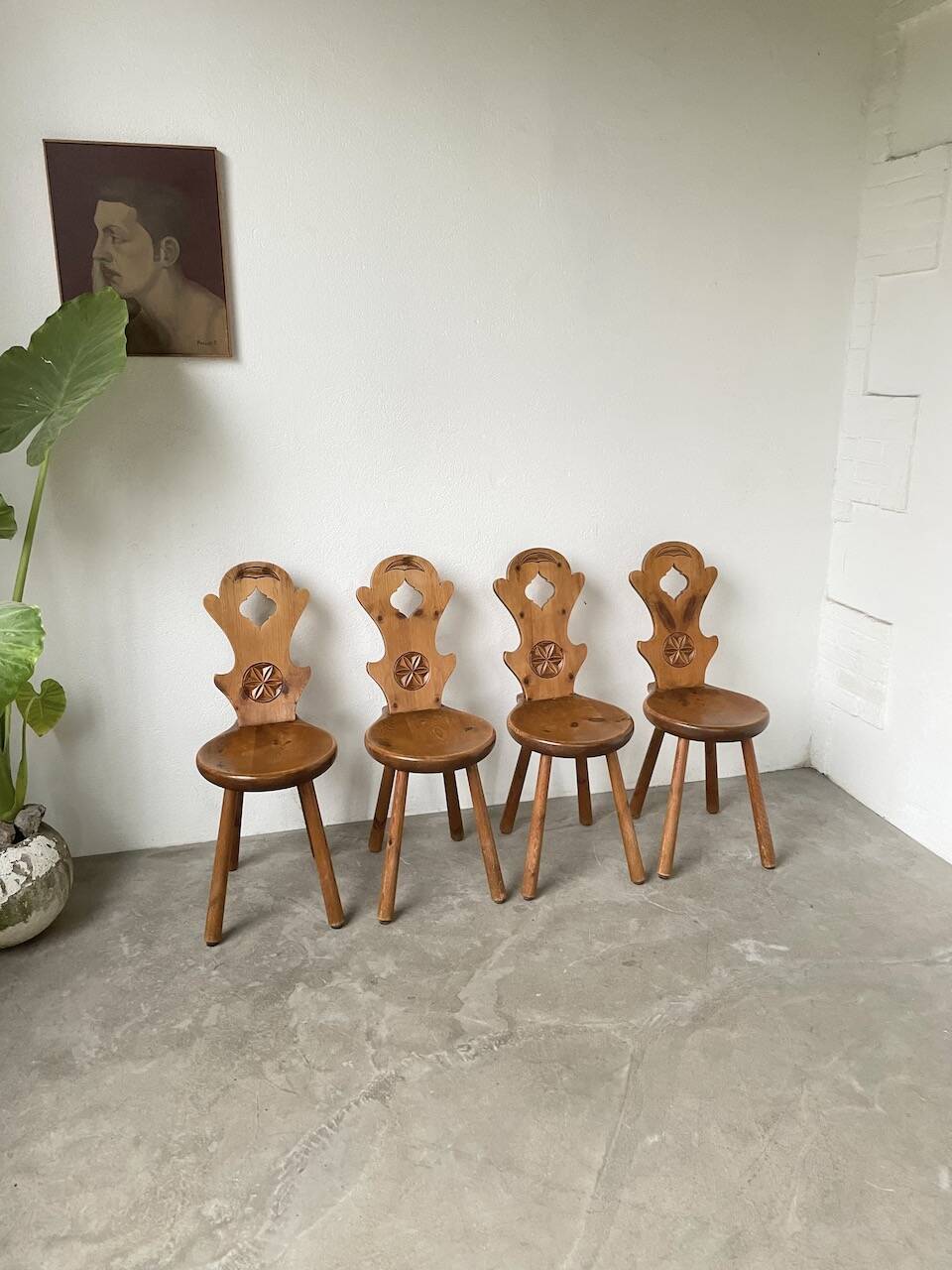 Set of 4 Savoyard pine chairs from the 60s