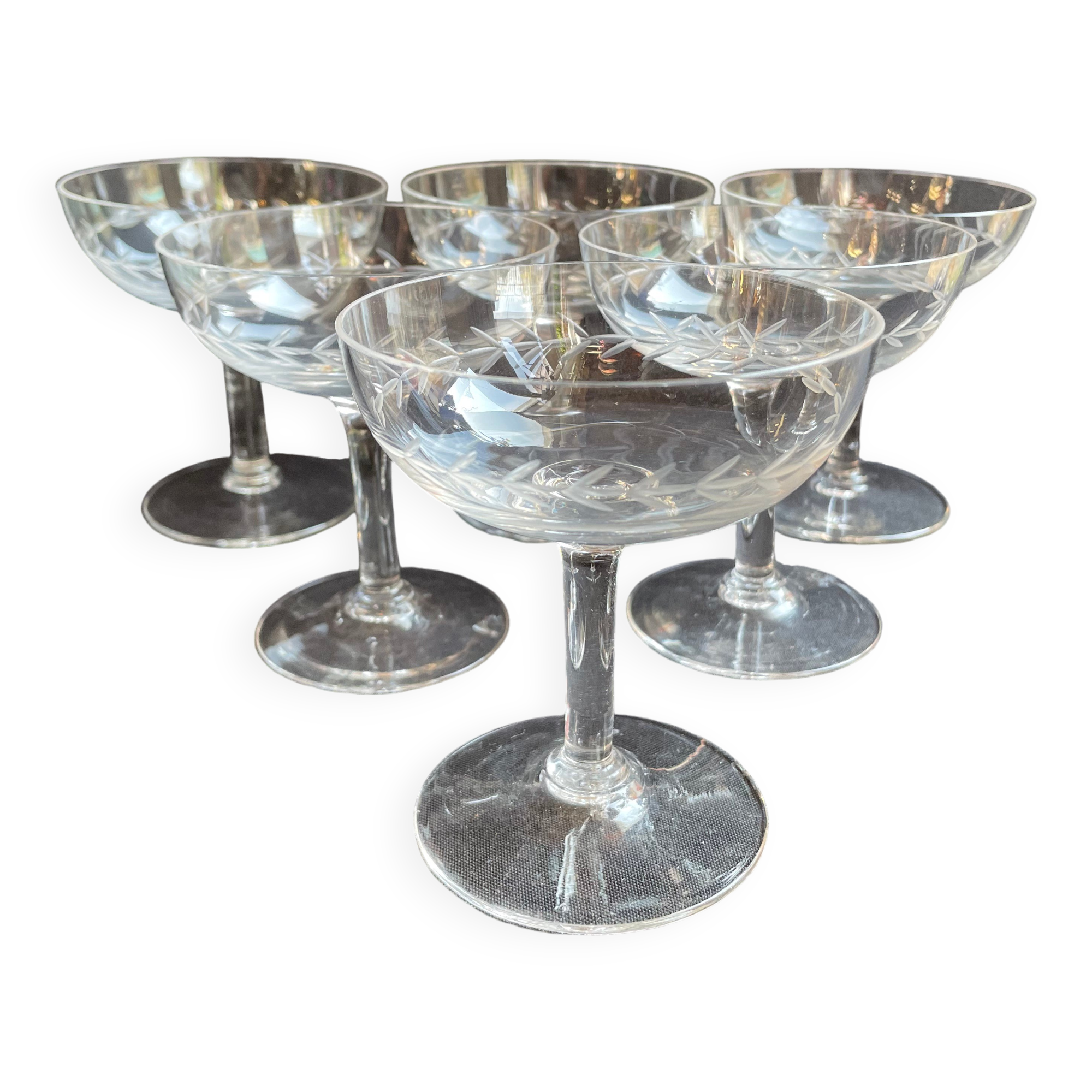 6 Blown and Cut Champagne Glasses