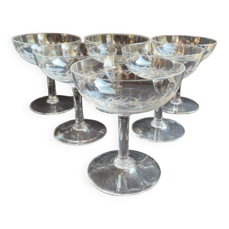 6 Blown and Cut Champagne Glasses