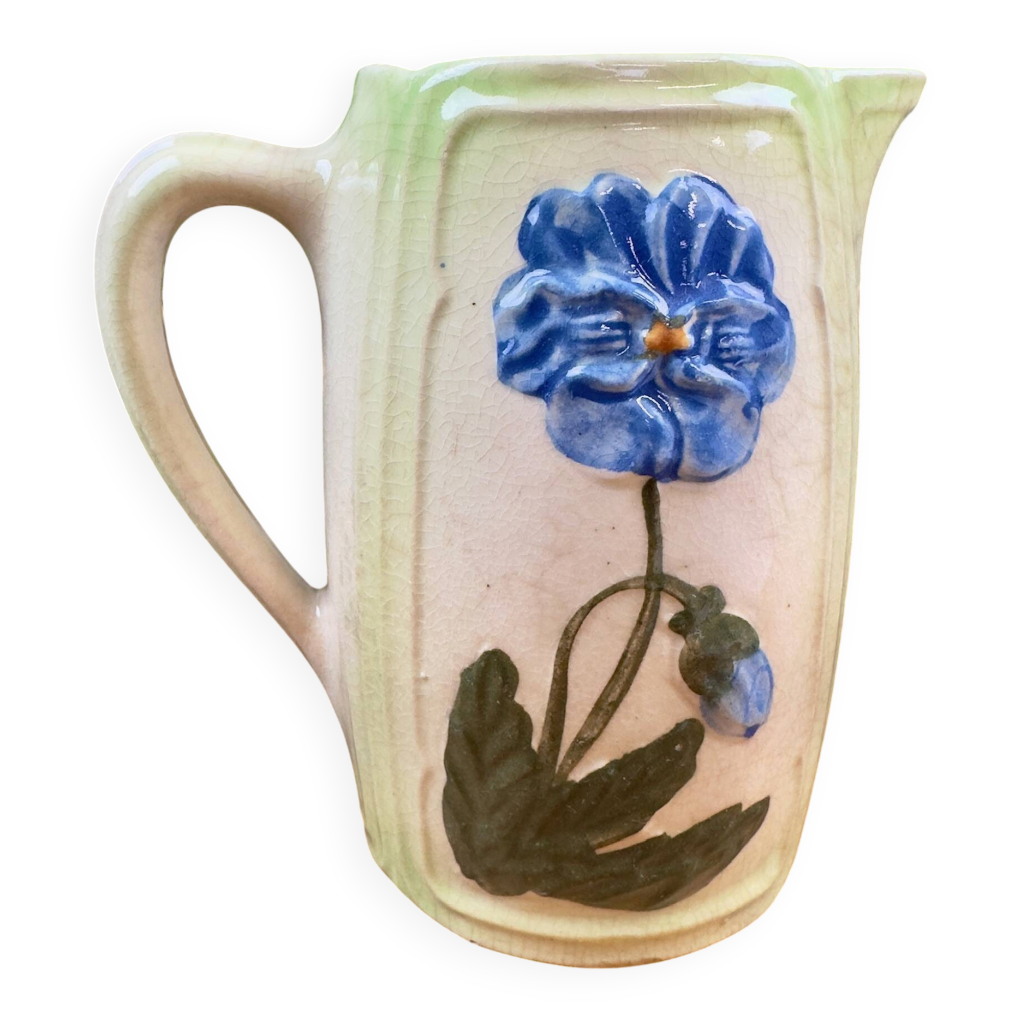 Vintage blue floral ceramic pitcher.
