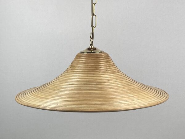 Lampe à suspension Pencil Split Reed, rotin, bambou et laiton, Italie, années 1970