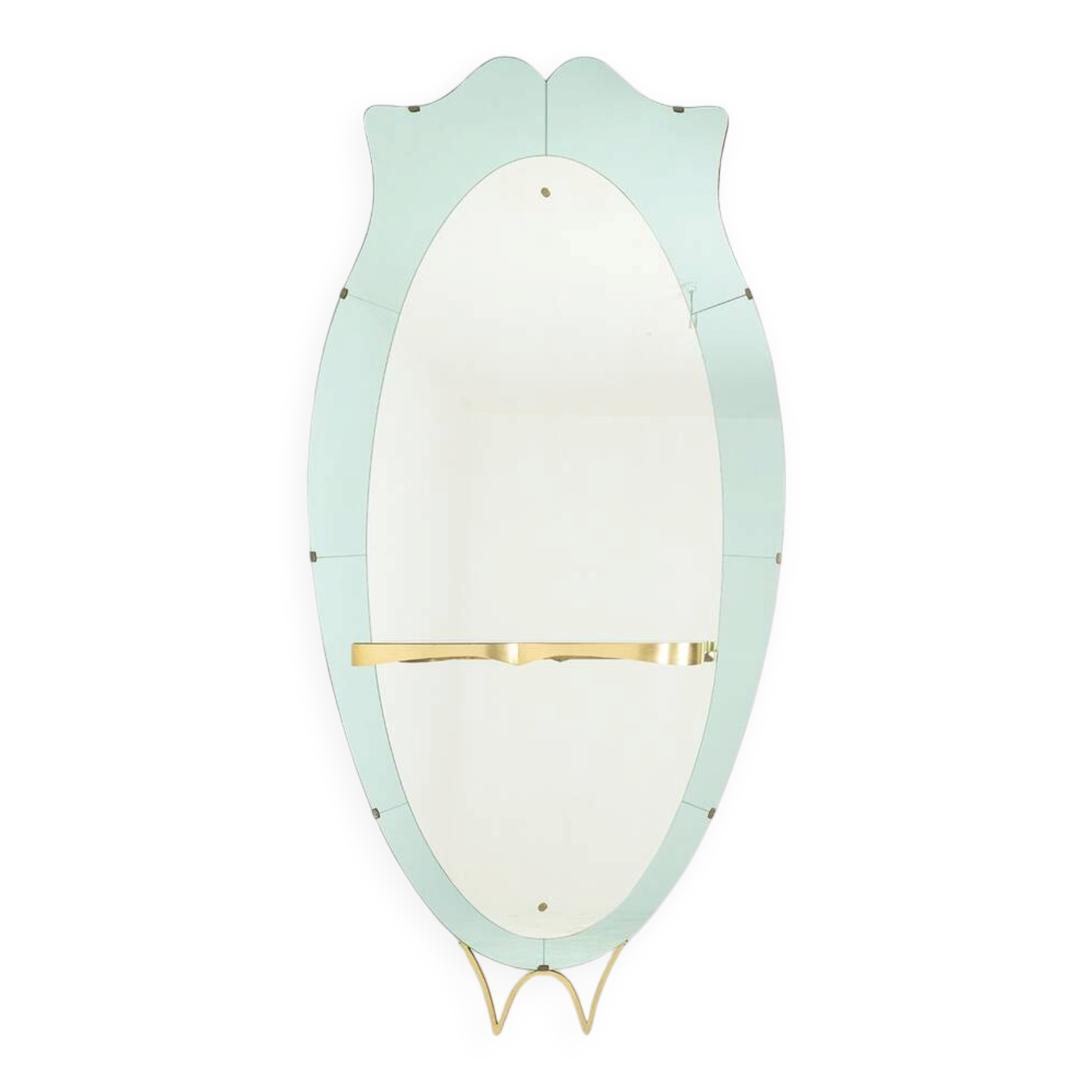 Two-tone glass console mirror with gilded brass. Circa 1950.