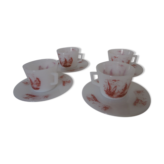 Set de 4 tasses et soucoupes opaline deco voiliers Arcopal