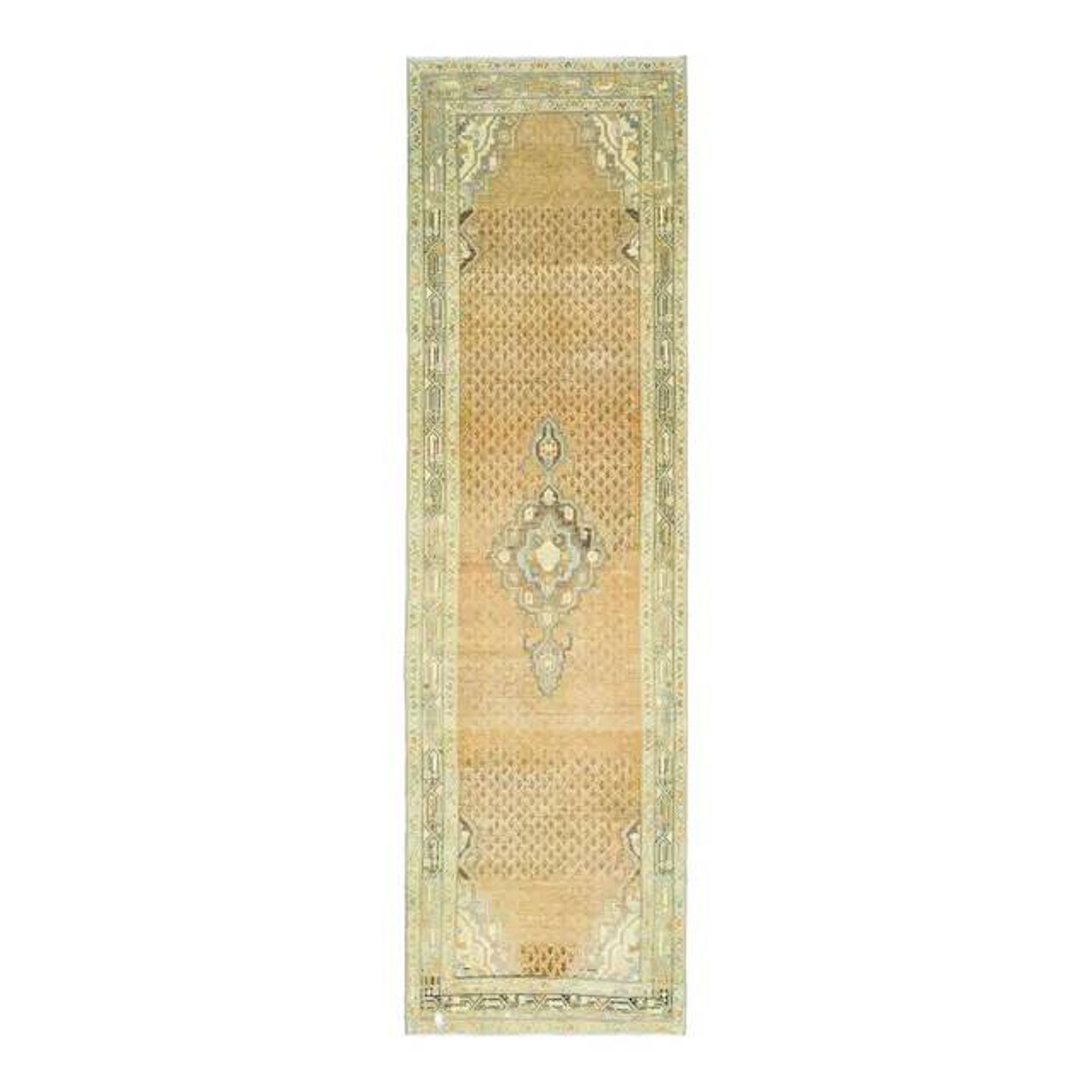Tapis de couloir vintage turc Oushak fait main en laine et coton orange