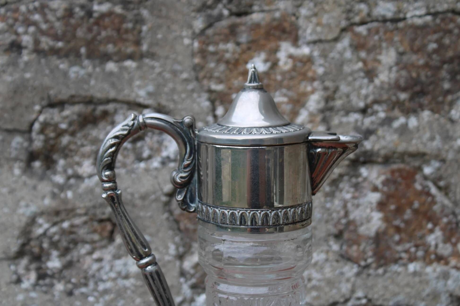 Antique pressed glass and silver-plated jug – Decorative wine pitcher H30 cm
