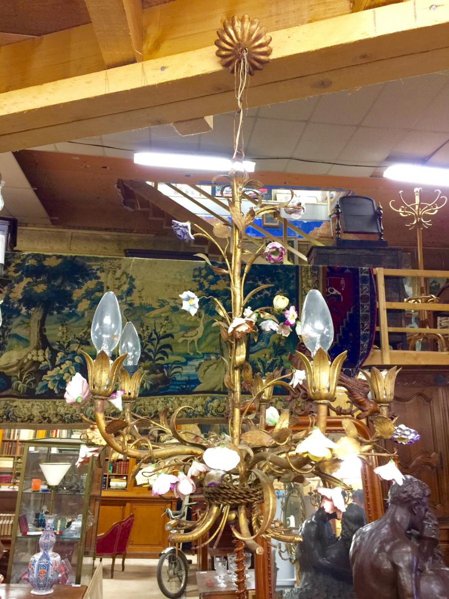 Chandelier in bronze and porcelain of the period 1900