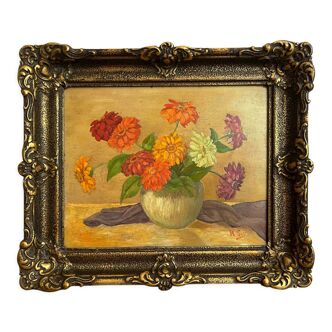 Dutch oil painting, still life with flowers, zinnias oil painting, white yellow orange red purple