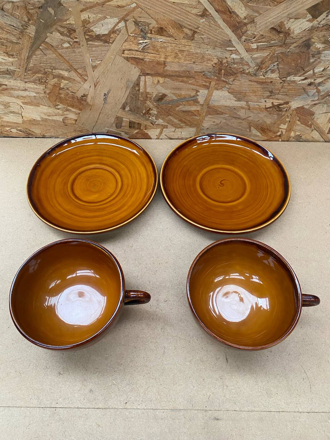 Pair of antique cups + saucers st clement ceramic brown vintage #b615
