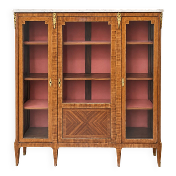Display cabinet, Louis XVI style bookcase in marquetry, marble and bronze.