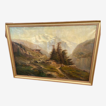 Huile sur toile "paysage de montagne" signée L. Reignier 1888