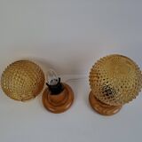 Pair of Mid-Century Table Lamps with Amber Glass and Wooden Base