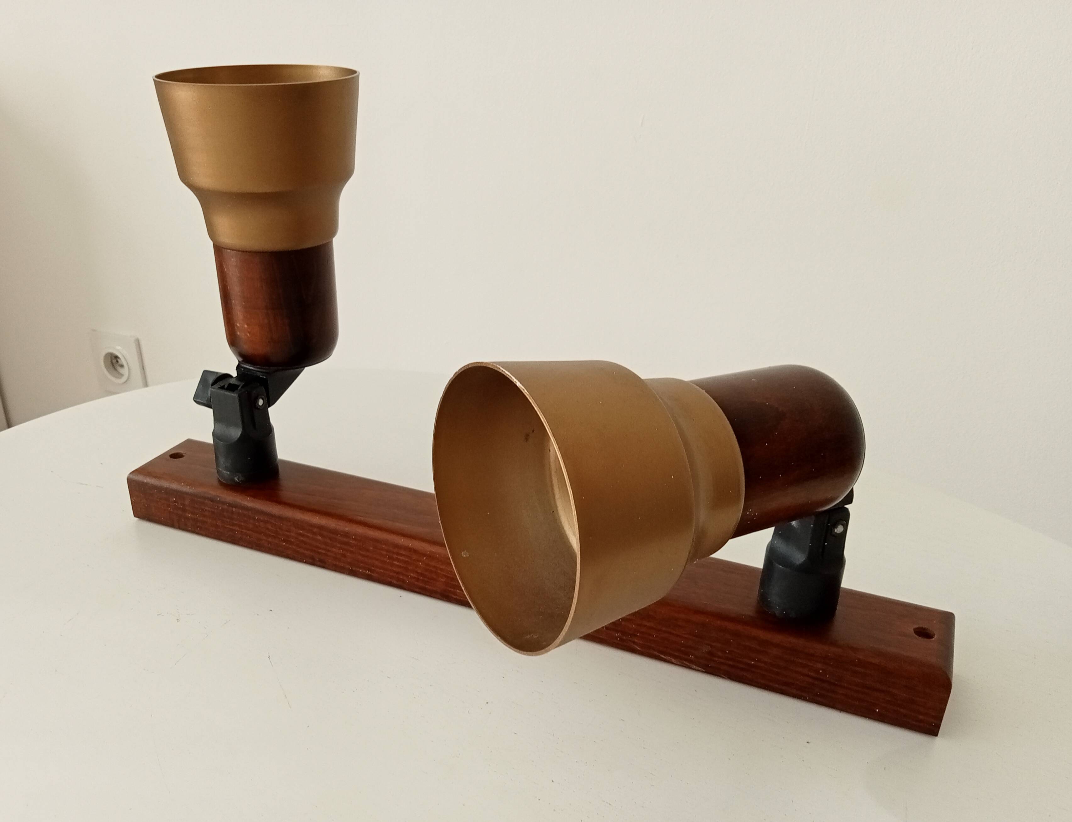 Vintage double spot wall light in wood and brass 80s